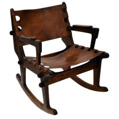 Vintage Sculptural Carved Walnut and Leather Rocking Chair