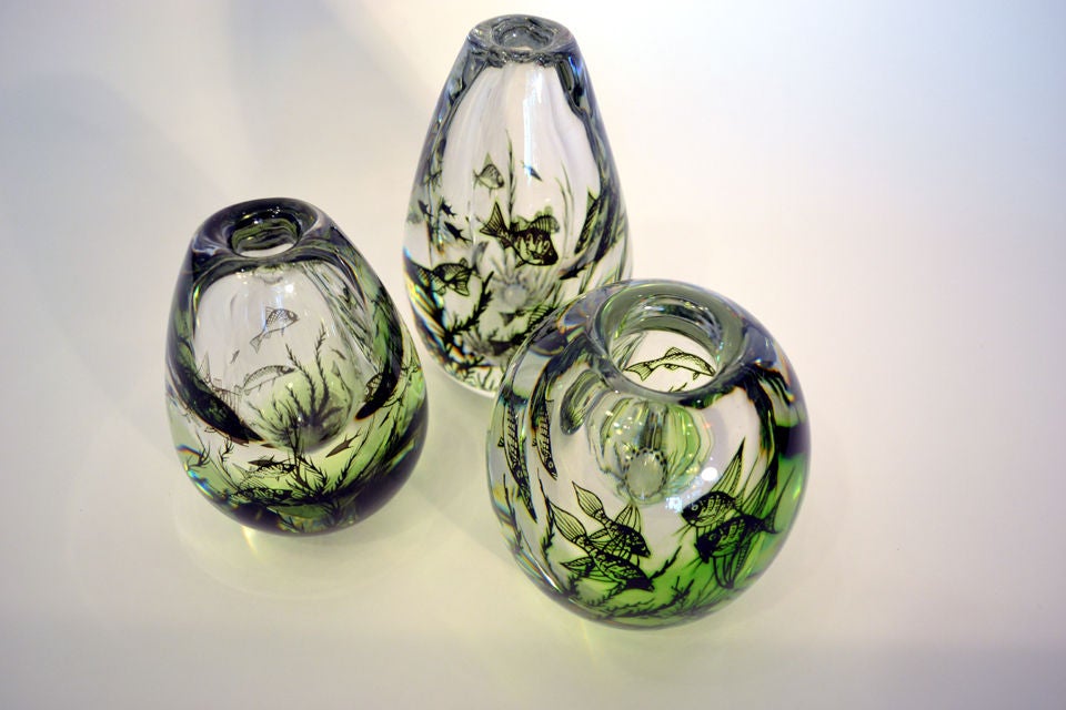 Three Beautiful Aquatic Theme Vases by Edward Hald for Orrefors
