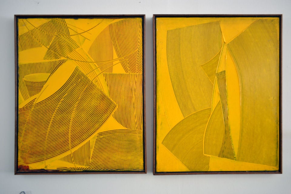 A wonderful diptych by artist Duayne Hatchett. Duayne is known for his inventive use of trowel tools rather than brushstrokes to create optical abstract imagery. These are sold as a pair or individual.