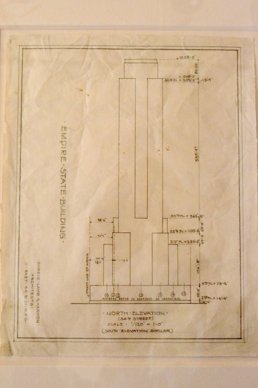 A chance to own a piece of NYC history. The original elevation (North) of the Empire State Building done by Shreve, Lamb and Harmon, 1929. One of a kind.
