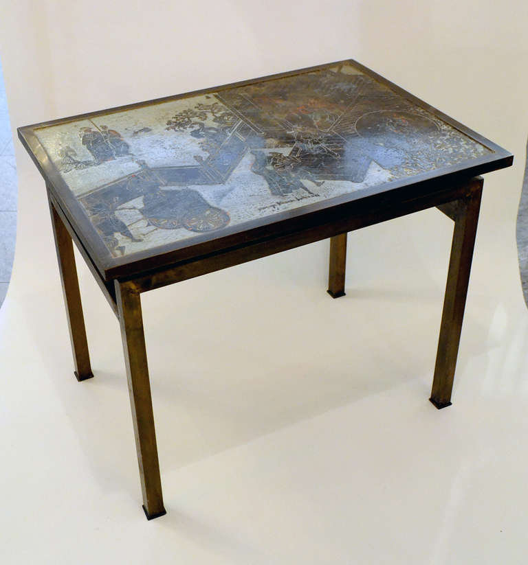 An elegant Asian motif side table by Philip and Kelvin LaVerne, USA. The table is a typical scene used by the Laverne's on many of their table designs.