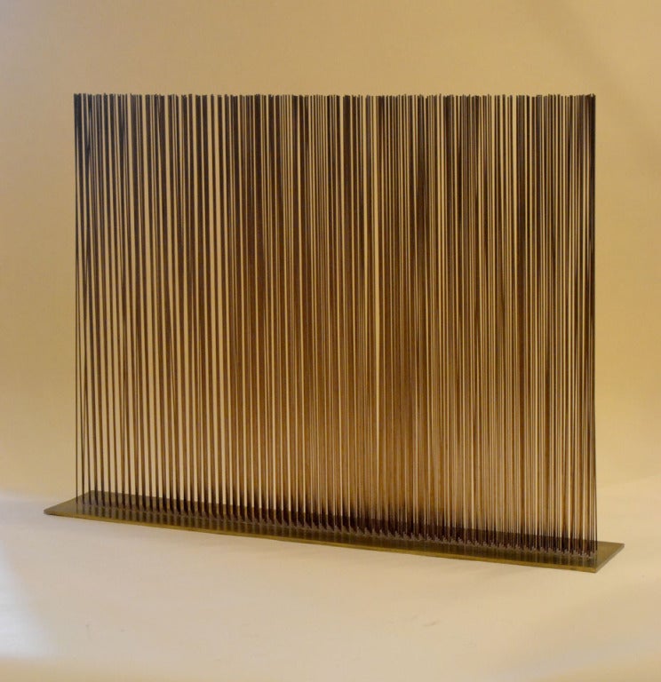 A truly spectacular sounding work by Bertoia, in a very desirable scale. Five offset rows of beryllium copper are set into a brass base. The tone is a lovely upper mid range jangle, with bright overtones. Minimal effort is required to set the work