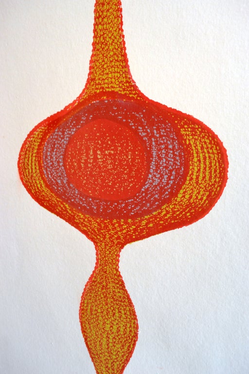 A vibrant colored graphic depiction of Ruth Asawa's early 1950's wire mesh sculpture. The work is silkscreened on vinyl, mounted on wood.