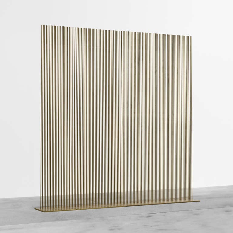 In 1974 Bertoia was commissioned to design a work for the plaza of the Standard Oil Building of Chicago. The single row composition of these masterworks carries an audible and visual wave across the surface, amplifying the unique characteristics of