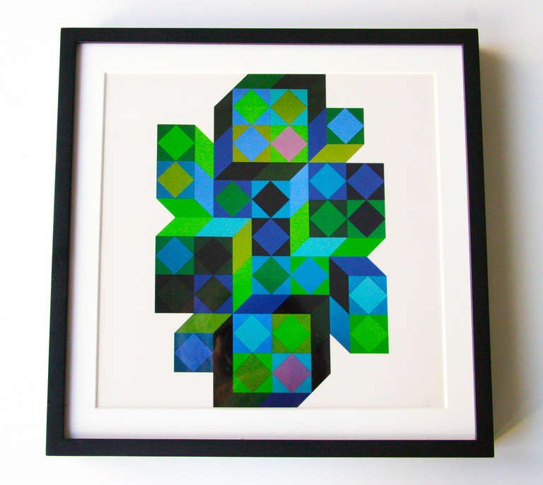 A major series that Vasarely worked on was the Gestalt series, which crosses over into Vasarely’s fascination with the hexagon.  This is one of a series printed in Switzerland in 1971 that we have had matted and framed. priced per piece.