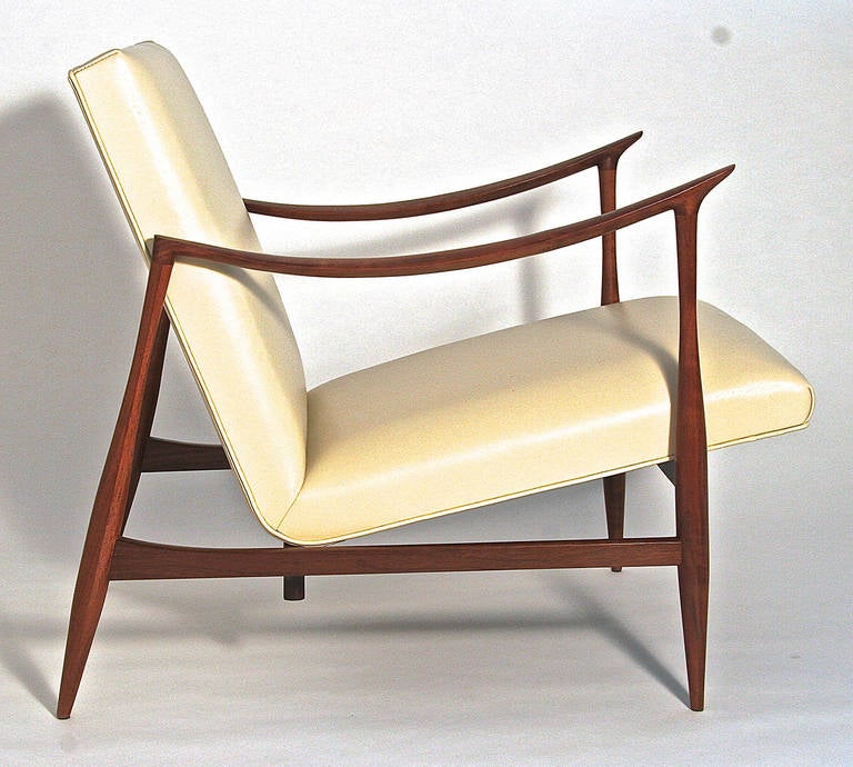 American Pair of Brazilian Style Walnut and Leather Lounge Chairs