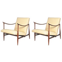 Pair of Brazilian Style Walnut and Leather Lounge Chairs