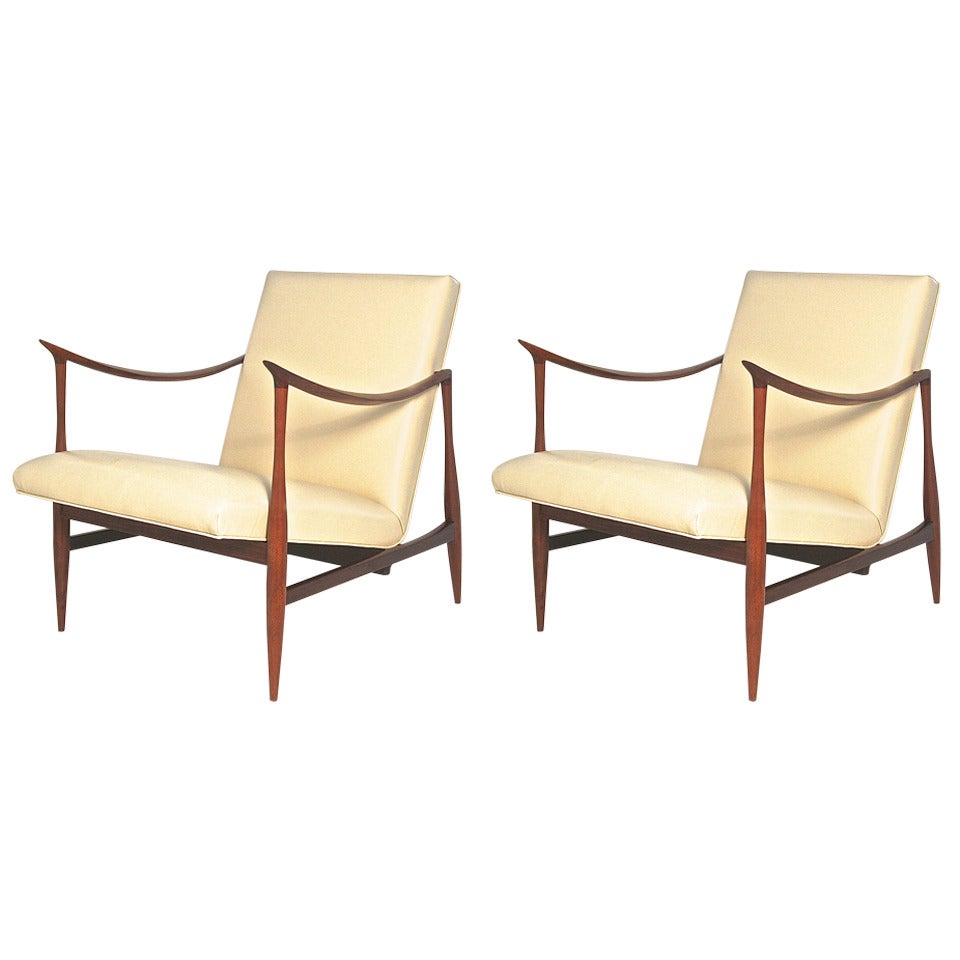 Pair of Brazilian Style Walnut and Leather Lounge Chairs