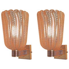 Pair of Handblown Ribbed Murano Glass Sconces with Gold Flecks, Italy 1960s