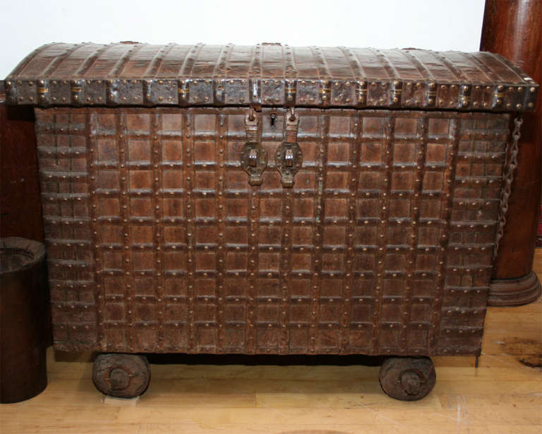 Wheeled Trunk with Iron Fittings For Sale 1