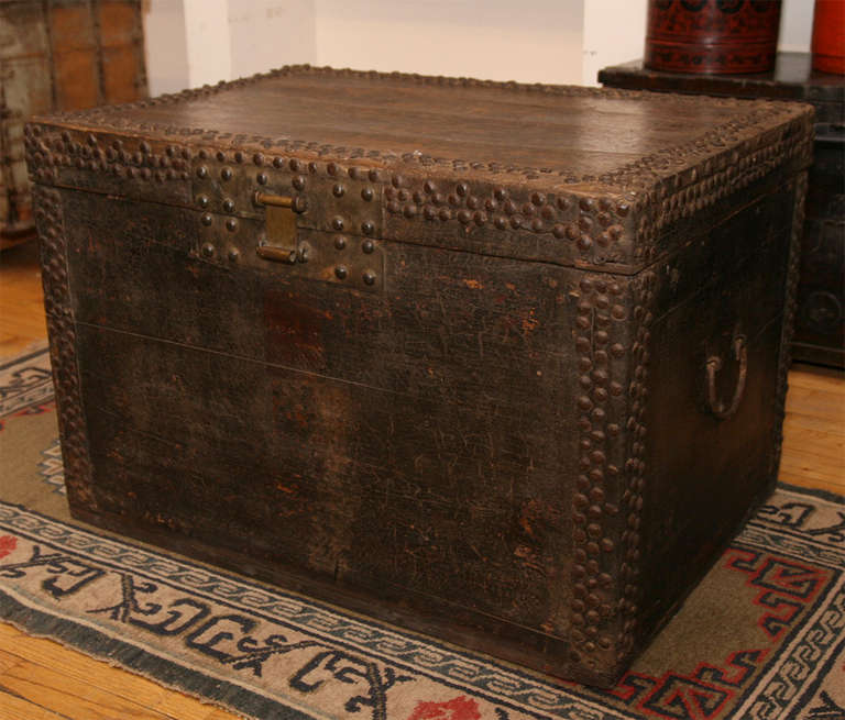 19th Century Elmwood Trunk with Iron Fittings For Sale