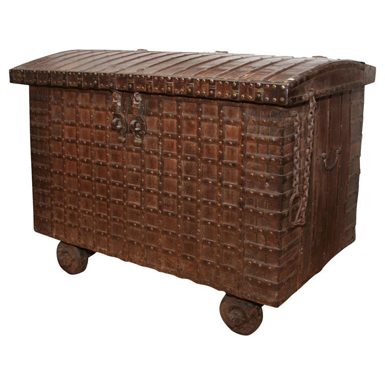 Wheeled Trunk with Iron Fittings For Sale