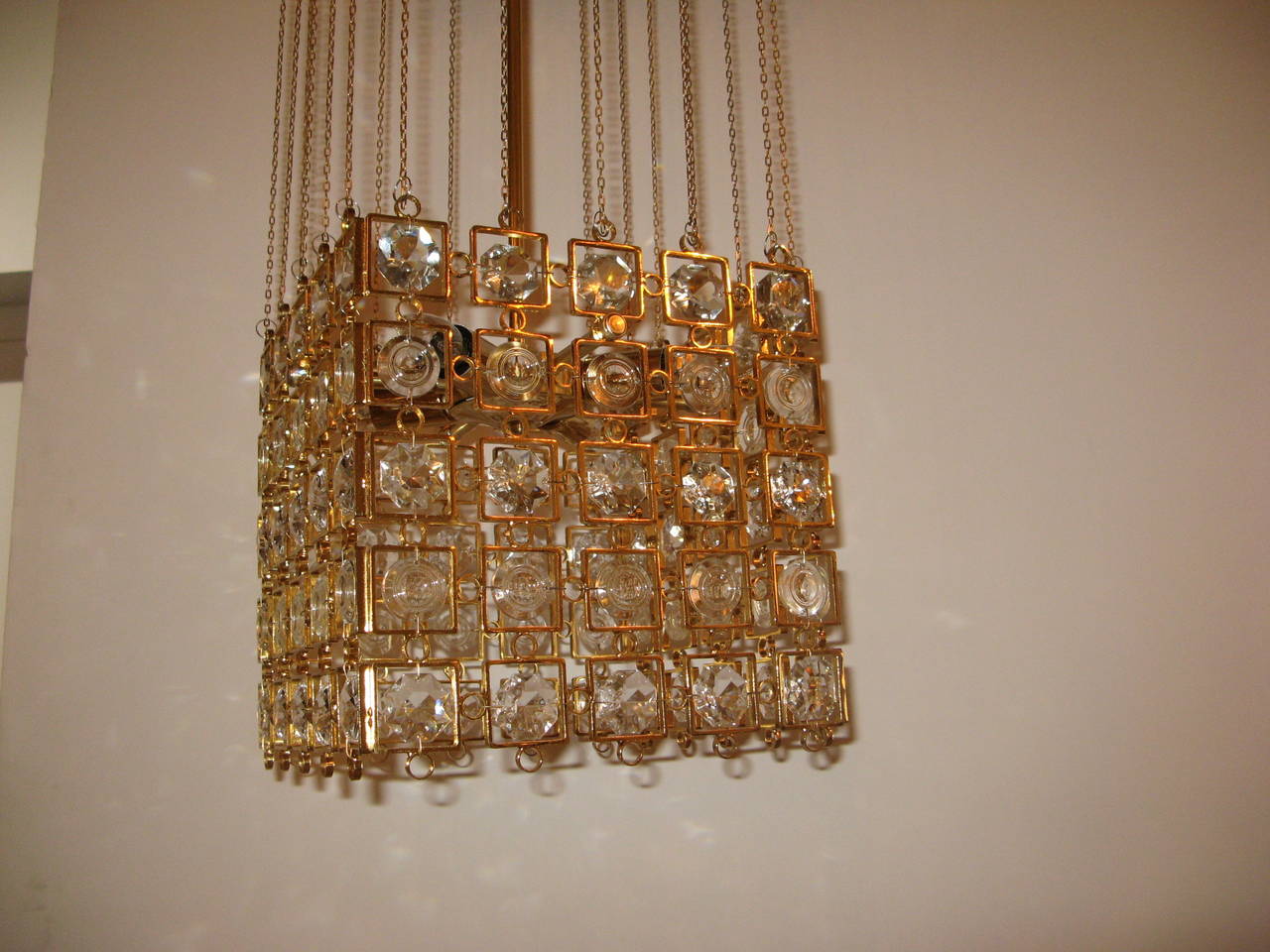Mid-Century Modern Unique Austrian Two-Tier Gilded Metal and Crystal Pendant, circa 1960 For Sale