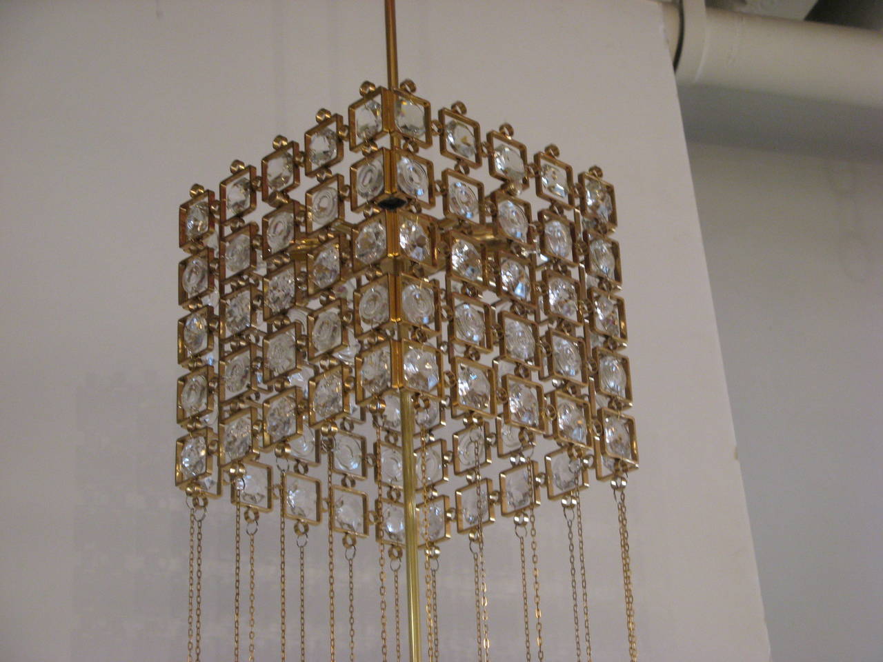 Unique Austrian Two-Tier Gilded Metal and Crystal Pendant, circa 1960 In Excellent Condition For Sale In New York, NY