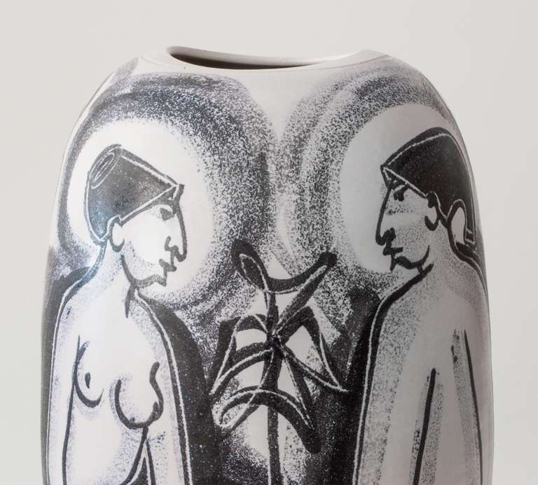 Danish ceramic Vase with four painted figures in black and off white by artist Mette Doller on a form by Erik Ivarsson for the Swedish company Andersson & Johansson- Hoganas Ceramic, ca. 1950.