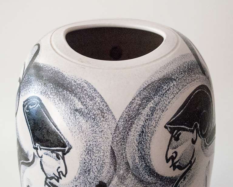 Scandinavian Modern Ceramic vase with four painted figures by Mette Doller