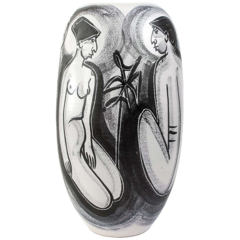 Ceramic vase with four painted figures by Mette Doller
