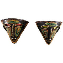 Pair of French "Mask" Sconces in Black Glazed Ceramic by Accolay, circa 1960