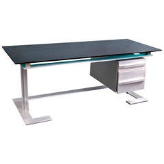 Desk in Brushed Steel Frame with Mahogany Drawers by Raymond Cohen, circa 1970