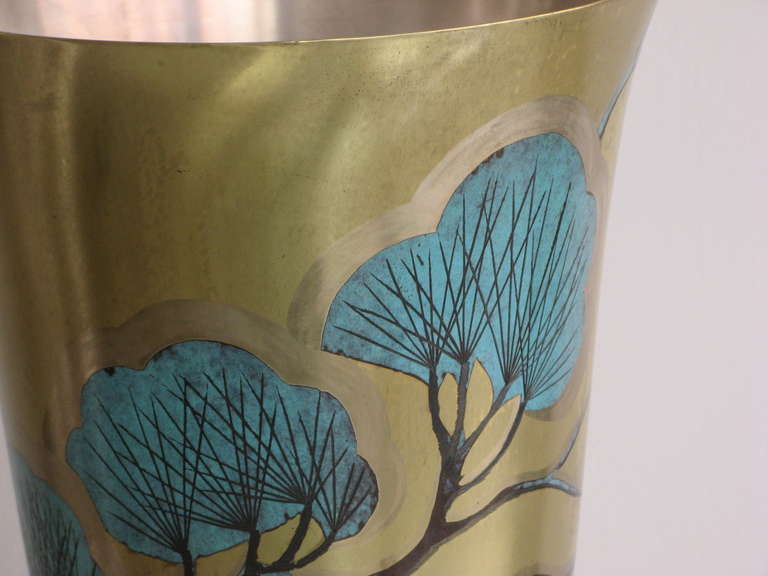 Grand scale Art Deco vase in metal with stylized trees and flowers, done in the French technique of 