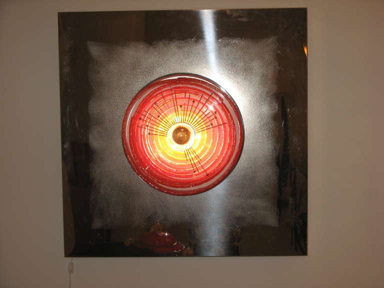 Chrome Wall Light Sculpture with Red Glass Circle by Angelo Brotto, circa 1970 For Sale at 1stdibs