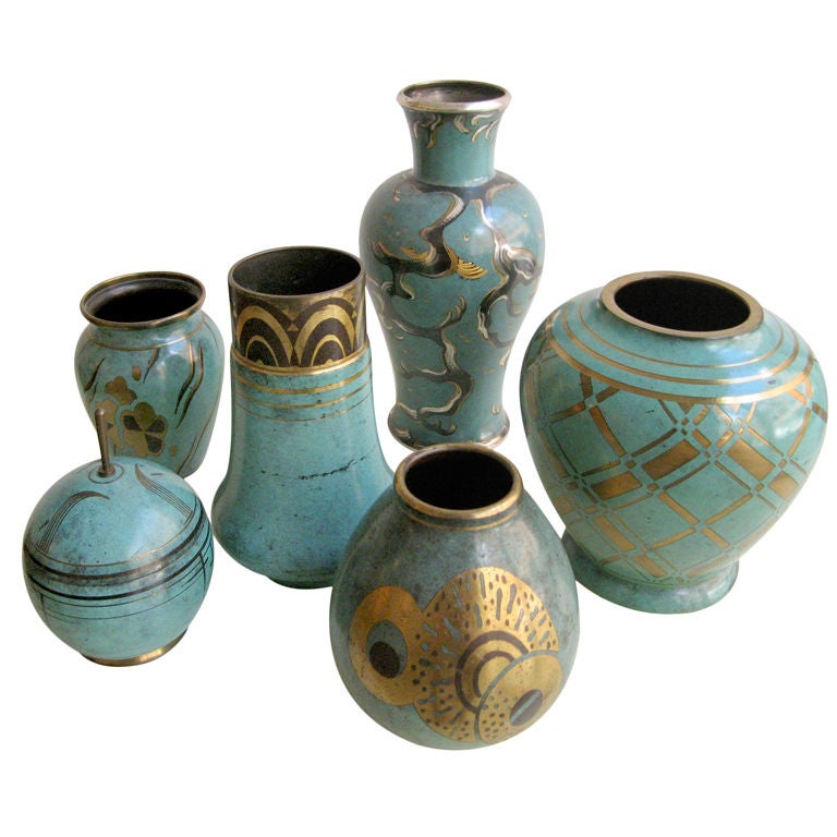 Collection of green WMF vases, c. 1920.