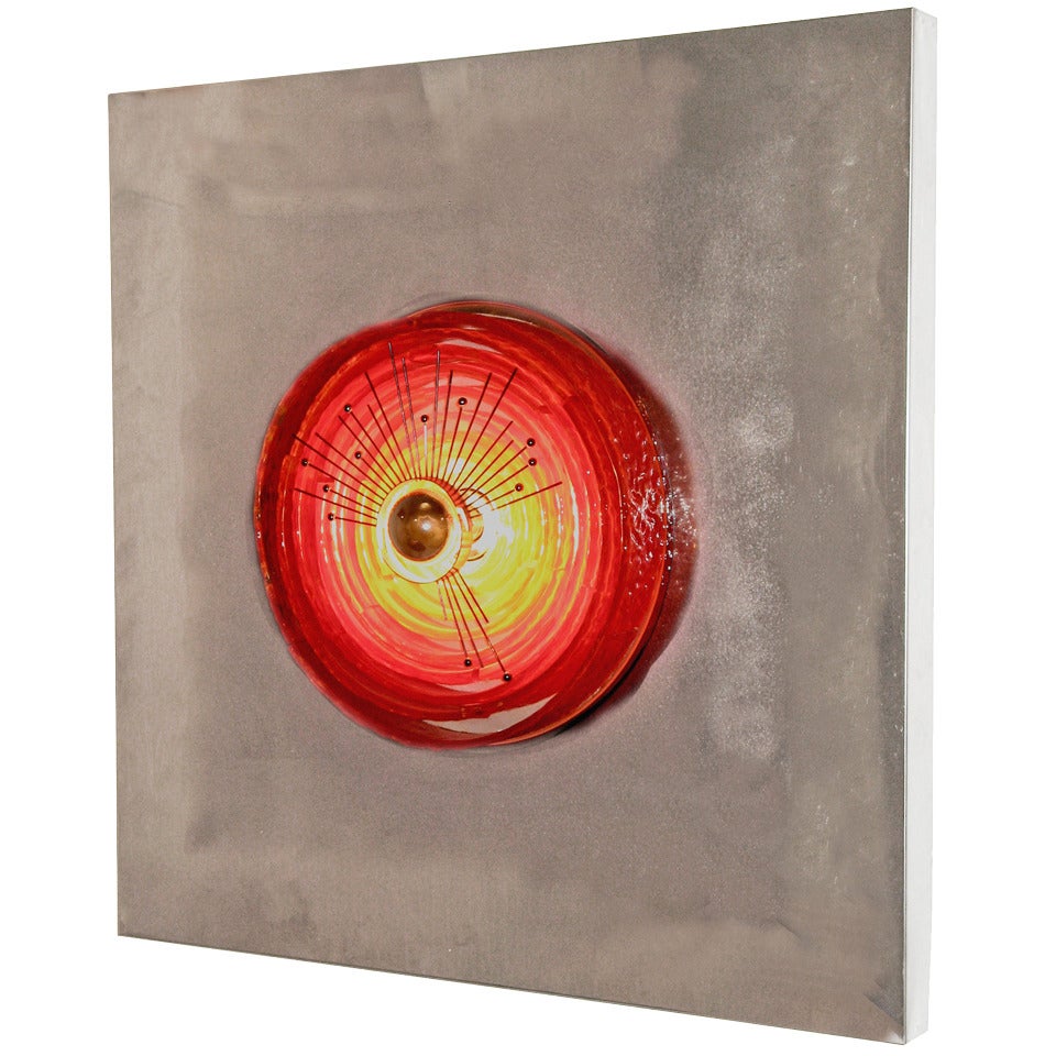 Angelo Brotto Chrome Wall Light Sculpture with Red Glass Circle, circa 1970
