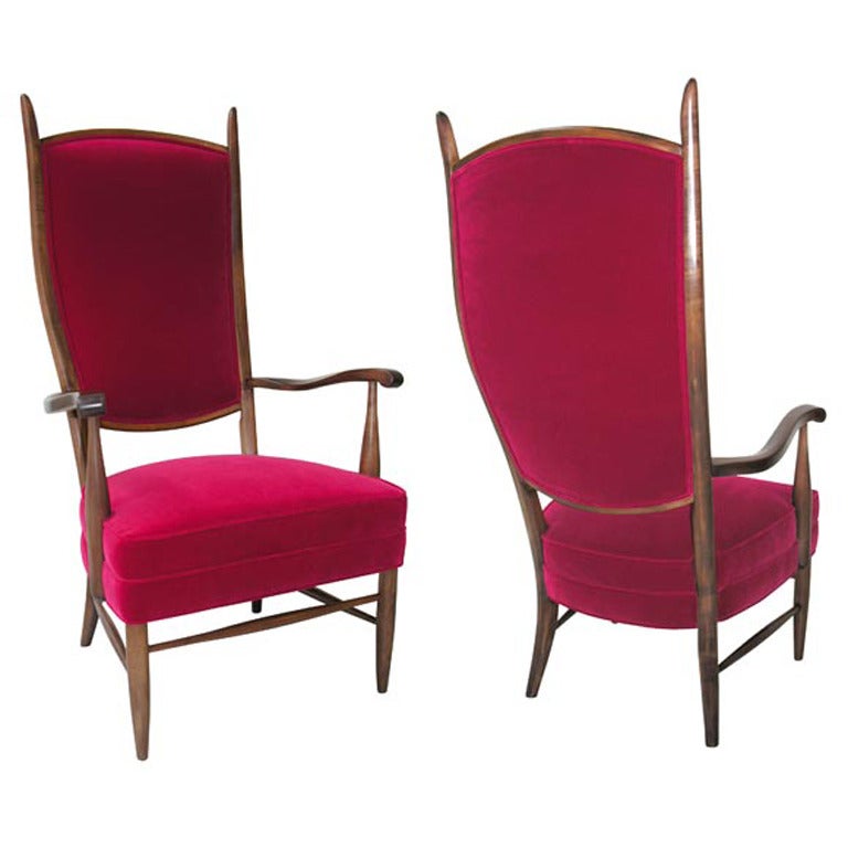 Pair of Italian Grand Scale Armchairs Upholstered in Red Velvet, circa 1950 For Sale