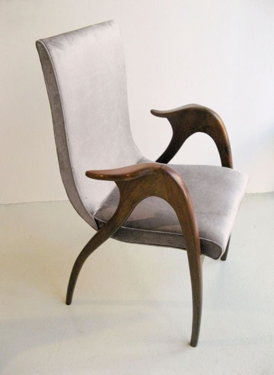 Sculptural armchair in walnut with silver/grey velvet upholstery by Malatesta & Masson, Roma, Italy, c. 1950.
Label on back of the chair.