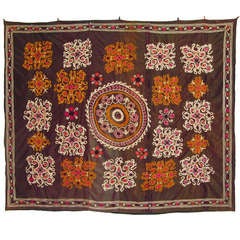 Uzbekistan Suzani with Embroidery on Silk and Back Lining, circa 1920