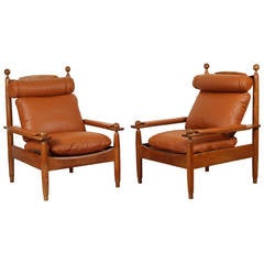Pair of Oak and Leather Armchairs by Guillerme et Chambron