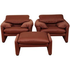 Pair of "Maralunga" Lounge Chairs and Ottoman by Vico Magistretti