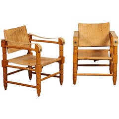 Pair of Leather and Oak Safari Chairs