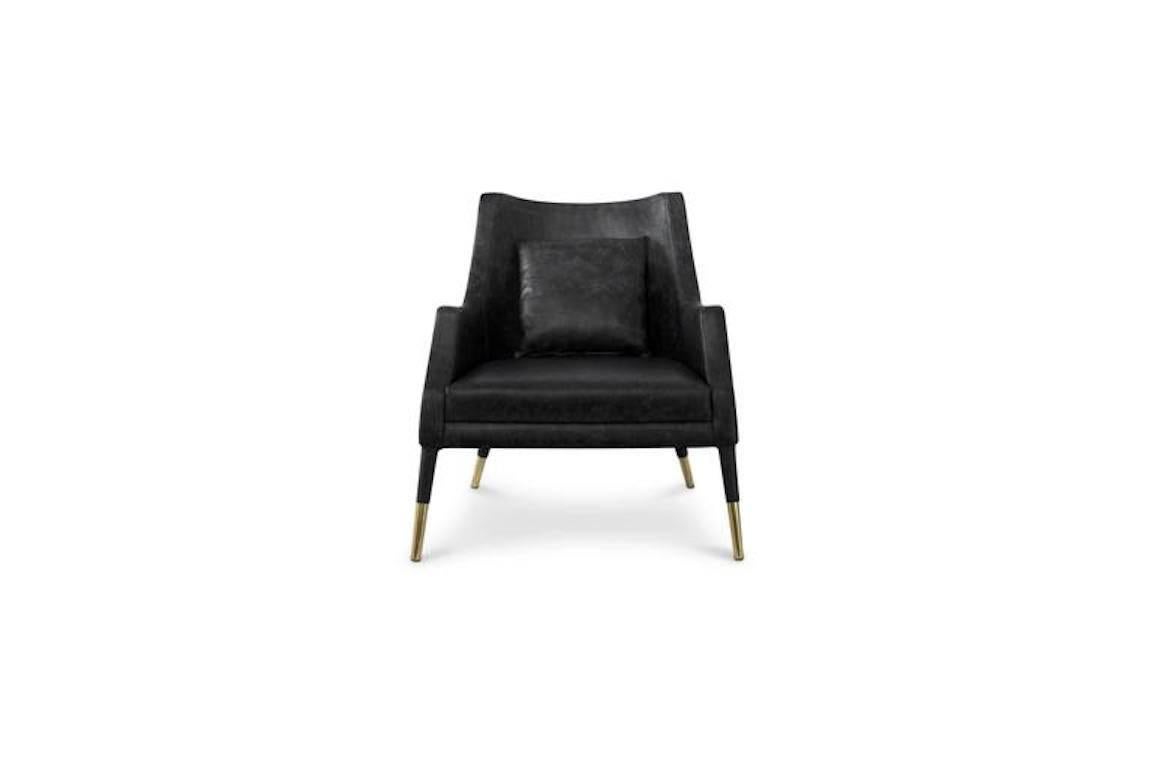 Lovely elegant Mid-Century Modern armchair.

Materials: Brass and fabric.
Standard finishes:
Cover: EH Cosmopolitan color. 6 feet: Polished brass.

Dimensions:
Width 69 cm, 27.2”.
Depth 75 cm, 29.5”.
Height 90 cm, 35.4”. 
Seat H 45 cm,