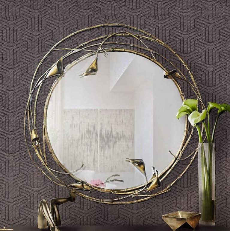 Contemporary Large Floral vine European Modern Stella Antique Brass Round Mirror by Koket For Sale