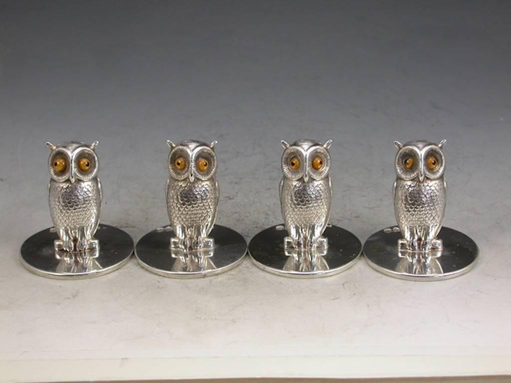 Early 20th Century Cased Set Four Edwardian Silver Owl Menu Holders