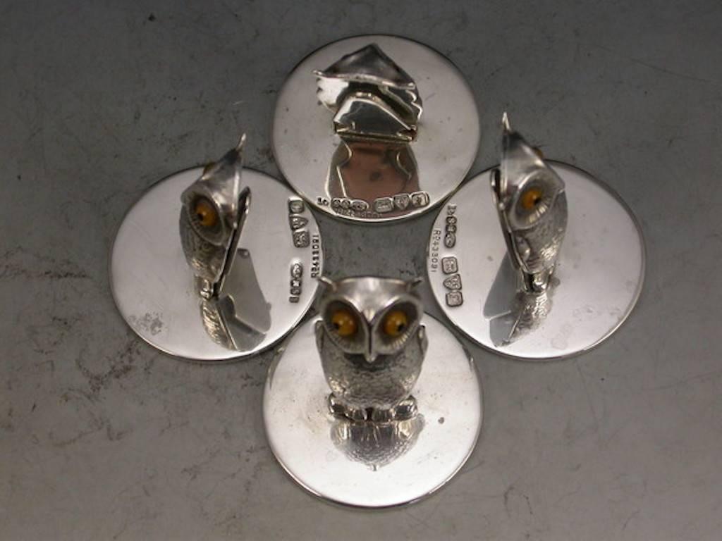 English Cased Set Four Edwardian Silver Owl Menu Holders
