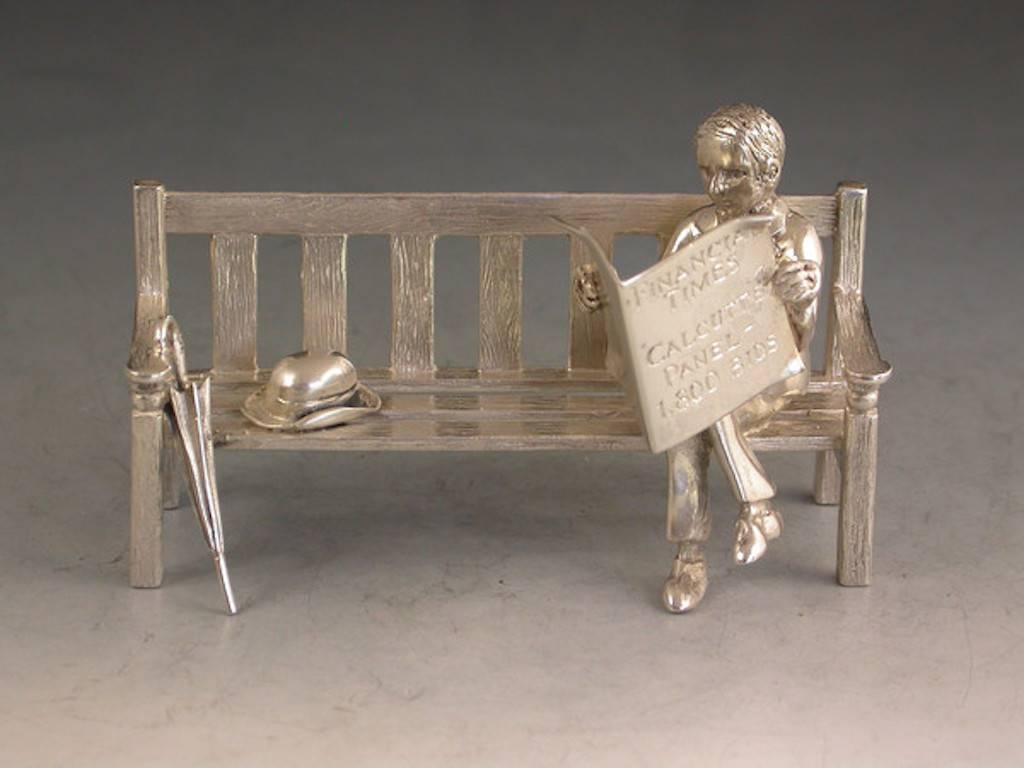 English Modern Silver Model Gentleman Sitting on a Bench 