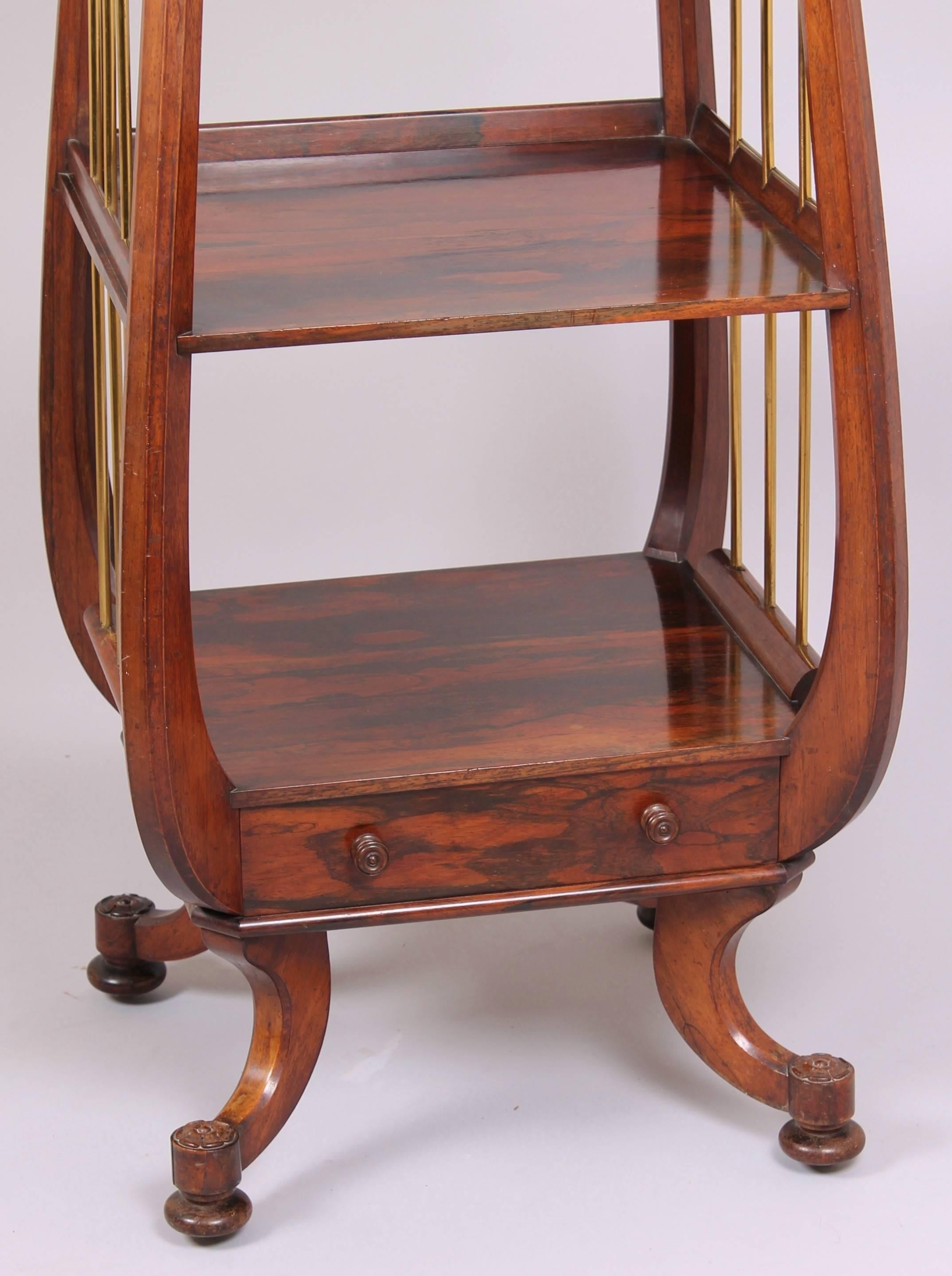 English Fine and Unusual Regency Rosewood Whatnot of Stylized Lyre Form