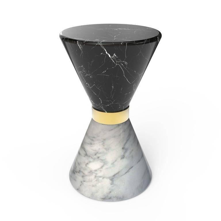 Contemporary European Gold-Plated, Brass, Walnut and Marble Vinicius Side Table Stool For Sale