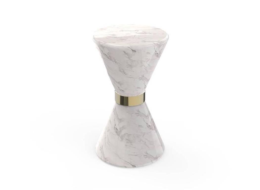 European Gold-Plated, Brass, Walnut and Marble Vinicius Side Table Stool In Excellent Condition For Sale In Sydney, NSW