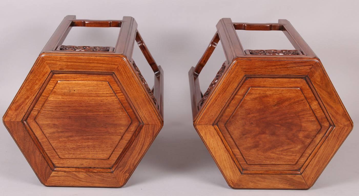 Mid-19th Century Rare Pair of Chinese Hardwood Hexagonal Table, Probably Huanghuali, 19th Century