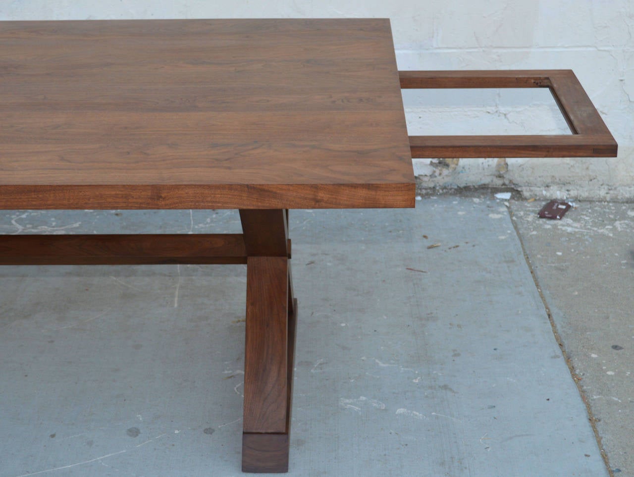 Expandable Walnut Minimalist X-Trestle Table in, by Petersen Antiques  In Excellent Condition For Sale In Los Angeles, CA