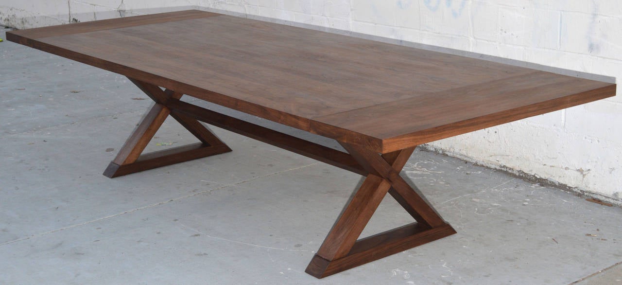 Contemporary Expandable Walnut Minimalist X-Trestle Table in, by Petersen Antiques  For Sale