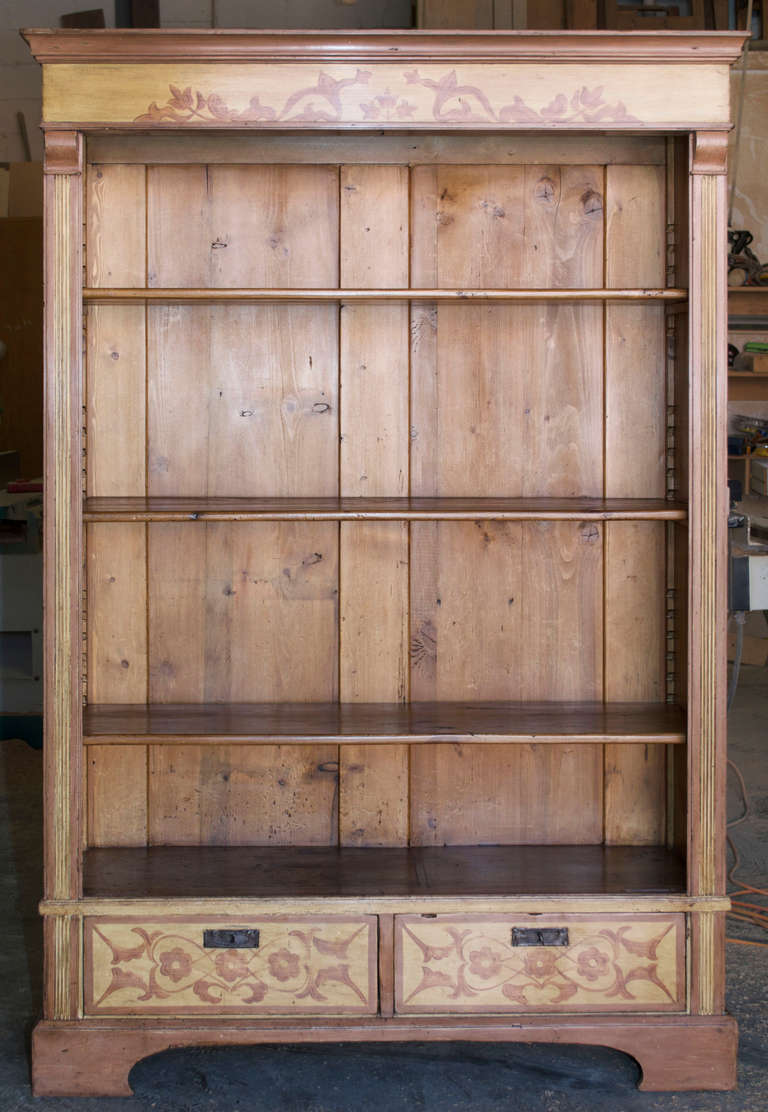 Bookcase painted in traditional Baltic design with adjustable shelves, two drawers with working locks and key.