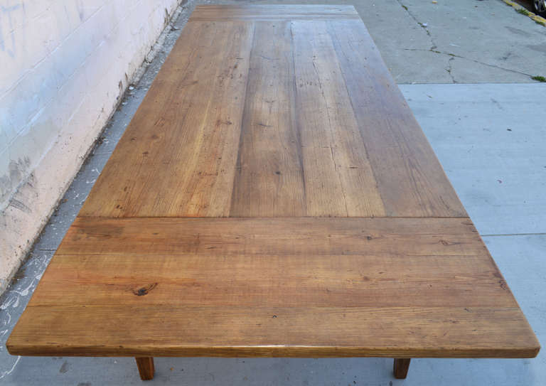 Contemporary Expandable Harvest Table in Vintage Heart Pine, Custom Made by Petersen Antiques For Sale