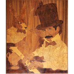Mad Hatter & March Hare Marquetry Panel by Sark, signed 1978 4