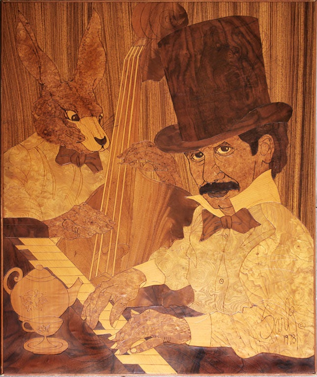 Late 20th Century Mad Hatter & March Hare Marquetry Panel by Sark, signed 1978
