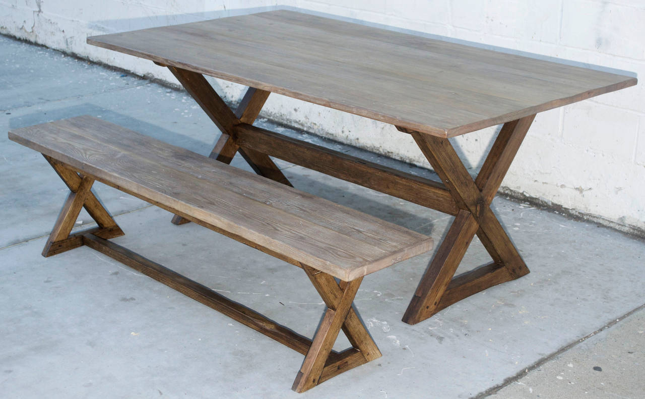 Reclaimed Wood Trestle Table in Vintage Pine, Custom Made by Petersen Antiques For Sale