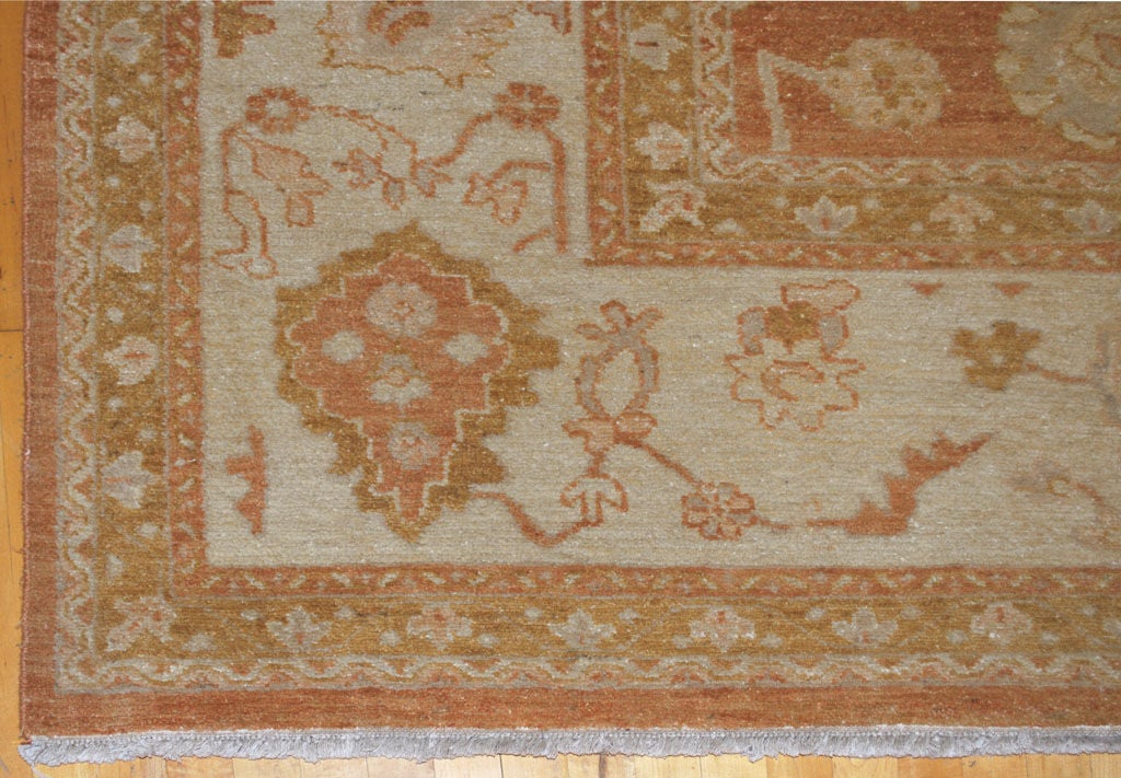High quality Agra carpet, all wool and natural dyes in muted earth tones. Overall vine design on rust colored ground with detailed borders on a light beige ground.